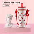 White 720ml stainless steel insulated bottle with red cherry print and carry strap - White (Ceramic Liner)