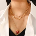 Dreilagige Goldkette mit Rosendetail, rotem Herz-Edelstein und Herzanhänger - Gold Mehrlagig Rotes Herz Rose Stil (WG-0617)
