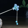 Eleganter chinesischer Haarschmuck mit blauen Blumen, Jade-Ring und goldenen Quasten - Gold Blau Weiße Blume Fächer Quaste (0590)