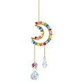Rainbow crystal moon suncatcher with golden wire wrap and hanging geometric prisms - Moon Style