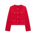 Detailed view of red tweed jacket texture with golden buttons and four flap pockets - XS / Red