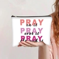 Pochette en toile blanche avec slogan 'PRAY' et fermeture éclair noire, tenue en main - Style Slogan Inspirant Blanc(jiayingpbb0415)