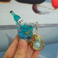 Creative DIY keychain with blue liquid bubble tea cup and golden metal ring - Light Gold Clasp + Milk Tea Cup Bead / Blue