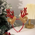 Cerchietto con corna di renna rosse glitterate con campanellini verdi e orecchie di peluche - Cerchietto Corna Orecchie Peluche (Rosso)