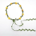 Handmade bridal floral headband with yellow roses and green ribbon leaves on white background - Yellow
