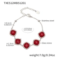 Silver stainless steel bracelet featuring square red glass stones with size measurements - Bracelet / Steel-Red
