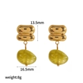 Detailed macro view showing the 13.5mm gold metal post and 16.5mm green resin drop earrings - Gold Double-Link Yellow-Green Style (TE60666-GN)
