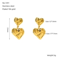 18K gold plated stainless steel drop earrings featuring textured double heart design - Stainless Steel 18K Gold Plated / Double Heart Pendant Style (1491)