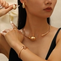 Polished golden water drop jewelry set with chunky choker, earrings and bangle - Earrings + Choker + Ring + Thin Bangle (49) / Four-Piece Set / KC Gold