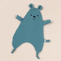 Detailed close-up of blue muslin cotton baby comforter with embroidered bear face features - Blue Embroidery