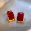 Vintage style gold-plated rectangular earrings with deep red enamel inlay finish - Gold Frame Rectangular Style / Red and Gold (39# Silver Pin)