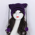 Striped cat ear beanie in purple and black knit with star flower tassel accents - Dark Purple Stripes