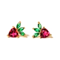 Sparkling strawberry stud earrings with red heart crystals and green zircon leaves - Strawberry