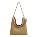 Schicke beige gewebte Stroh-Stofftasche mit braunem Rand und weißem Spitzenbesatz - Khaki