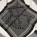 Elegant black and white geometric silk scarf with grid pattern and wavy border - 70-207 Black