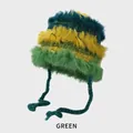 Three-color plush rabbit fur knit hat with earflaps and straps in green, yellow, and blue - M (54-58cm) / Green