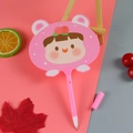 Pink cartoon fan-shaped ballpoint pen featuring a cute girl character with cherry decoration - Hibiscus Girl Pink