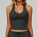 Forest green brushed yoga tank top with V-neck halter design and slimming fit - S / Tops / Volcanic Gray
