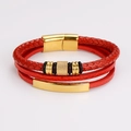 Macro detail of red multilayer woven leather bracelet with gold magnetic clasp - Gold Long Plate Inlay (Style 4)