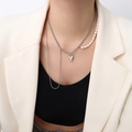 Collana chic multistrato in argento con cuore, perle d'acqua dolce e frange con nappe - 42cm / Color Acciaio