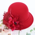 Elegant red wool felt bowler hat for women with vintage mesh veil and flower detail - M (56-58cm) / Red