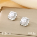 Silver square textured stainless steel earrings with white pearl and tiny clear stones - Style C Steel Silver Square (KE115672-KFC)