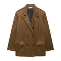 Chic brown suede double-breasted blazer with peaked lapels and flap pockets for women - XS / Chestnut