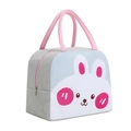 Portable thermal lunch bag with a cute pink rabbit print and pink woven handles - Grey Rabbit Cute Style