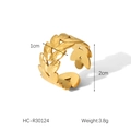 Macro detail of golden olive leaf open ring showing dimensions 1cm width and 2cm diameter - Leaf Shape (HC-R30124) / Gold