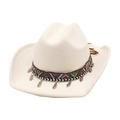 Detailed view of white cowboy hat with ethnic embroidered band and silver leaf charms - One Size / White (Silver Triangle Decoration)
