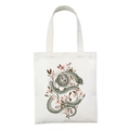 White canvas tote bag featuring an artistic green snake and cherry blossom floral print - Green Snake and Cherry Blossom Art Style (STD27-J)