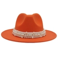 Detail of orange wool fedora with decorative white pearls on the wide brim band - Orange Yellow (Large Pearl)