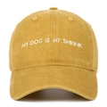 Detail of white embroidery MY DOG IS MY SHRINK on a mustard yellow washed cotton cap - Yellow