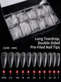 Size chart for long almond matte press-on nails with 10 detailed dimensions in millimeters - Long Water Drop / Full Sizes Set approx 500 Pieces