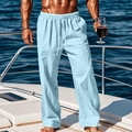 Men's casual light blue cotton linen trousers with elastic drawstring for beach vacation - Light Blue
