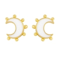 Close-up of 18K gold plated moon earrings with white enamel inlay and beaded edge - White