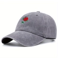 Cappellino da baseball grigio in cotone con ricamo rosa rossa e visiera curva unisex - Regolabile / Grigio