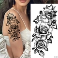 Sketch rose and geometric triangle tattoo sticker BK-018 on forearm and flat layout - Pattern BK-018