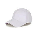 Detail of white cotton twill baseball cap showing six-panel crown and curved brim - One Size / White