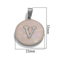Pink shell letter V pendant in stainless steel circle frame with silver finish for necklaces - Steel V