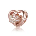 Rose gold S925 sterling silver heart charm with cubic zirconia paw print design - Rose Gold Heart Paw Bead (SCC1191-C)