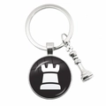 Polished silver chess rook pendant keychain with round glass cabochon and 3D charm - No.9-Rook Icon