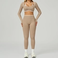 Ensemble de yoga sans couture 3 pièces avec haut à manches longues et leggings taille haute kaki - S / Long Sleeve+Leggings - Contrast Brown/White