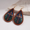 Detail of wooden teardrop earrings with stained glass cross pattern and gold hooks - Ear Hook-Style 3 (Cross Pattern)