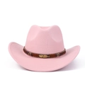 Détail chapeau de cowboy rose en feutre avec bande en cuir et plume dorée - M (56-59cm) / Rose Plume Dorée
