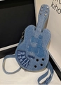 Unique blue denim guitar shaped crossbody bag with metallic rivets and vintage retro style - Denim Blue