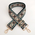 Close-up of geometric jacquard shoulder strap with gold swivel hooks and adjustable buckle - Pink Light Blue Floral