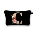 Black polyester dumpling cosmetic bag with golden letter C and floral rose print - Letter C