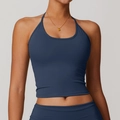 Slim fit dark blue halter yoga top with built-in pads and moisture-wicking fabric - S / Navy Blue