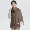 Brown wool cashmere scarf with fringe and label shown on model in studio - Thickened Tassel Style (330g) / 200*70cm / Flax Khaki